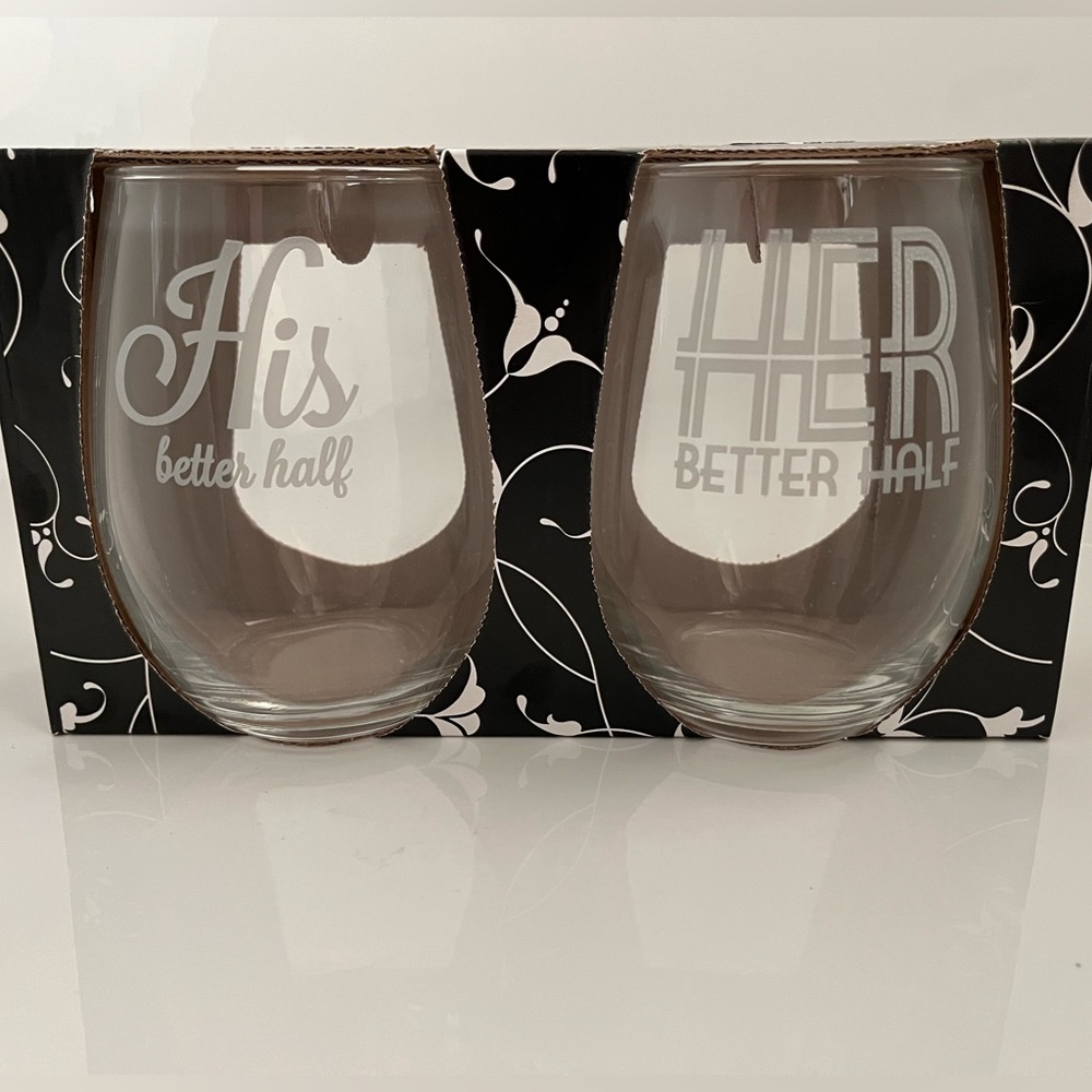 His & Her “Better Half” Stemless wine glasses New in Package